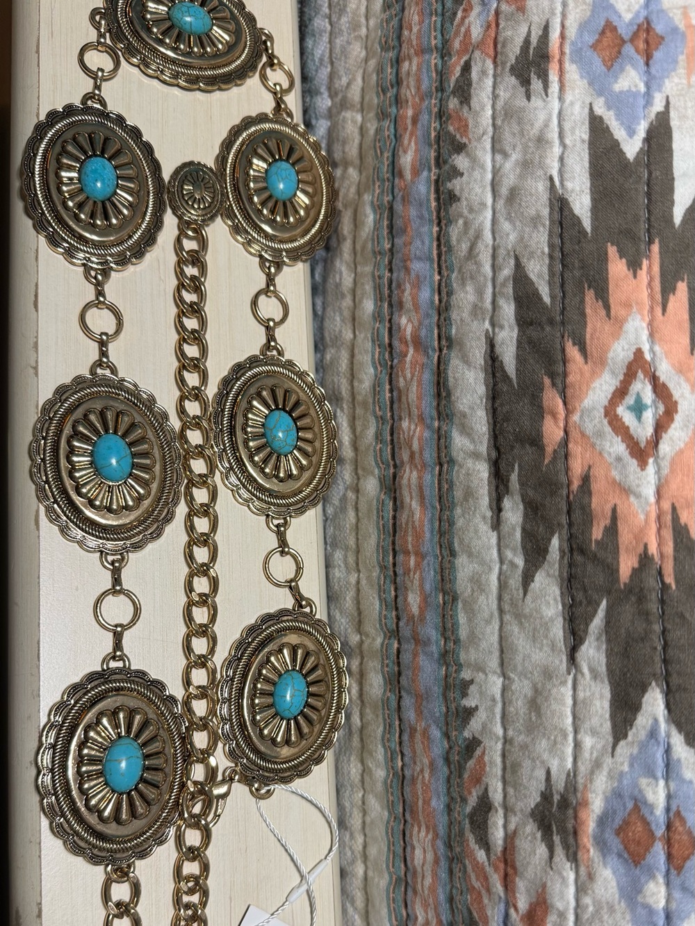 Turquoise Accent Ornate Hoop Chain Belt - Gold Tone